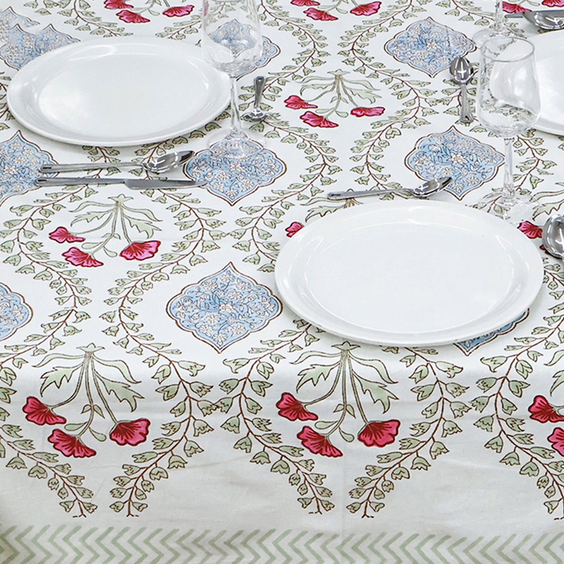 Natural Hand Block Printed White Red Tablecloth For Dinning Decor - My Store