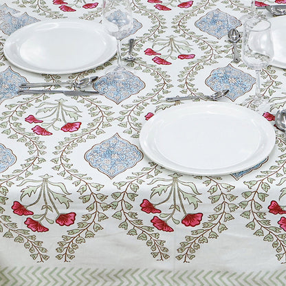 Natural Hand Block Printed White Red Tablecloth For Dinning Decor - My Store
