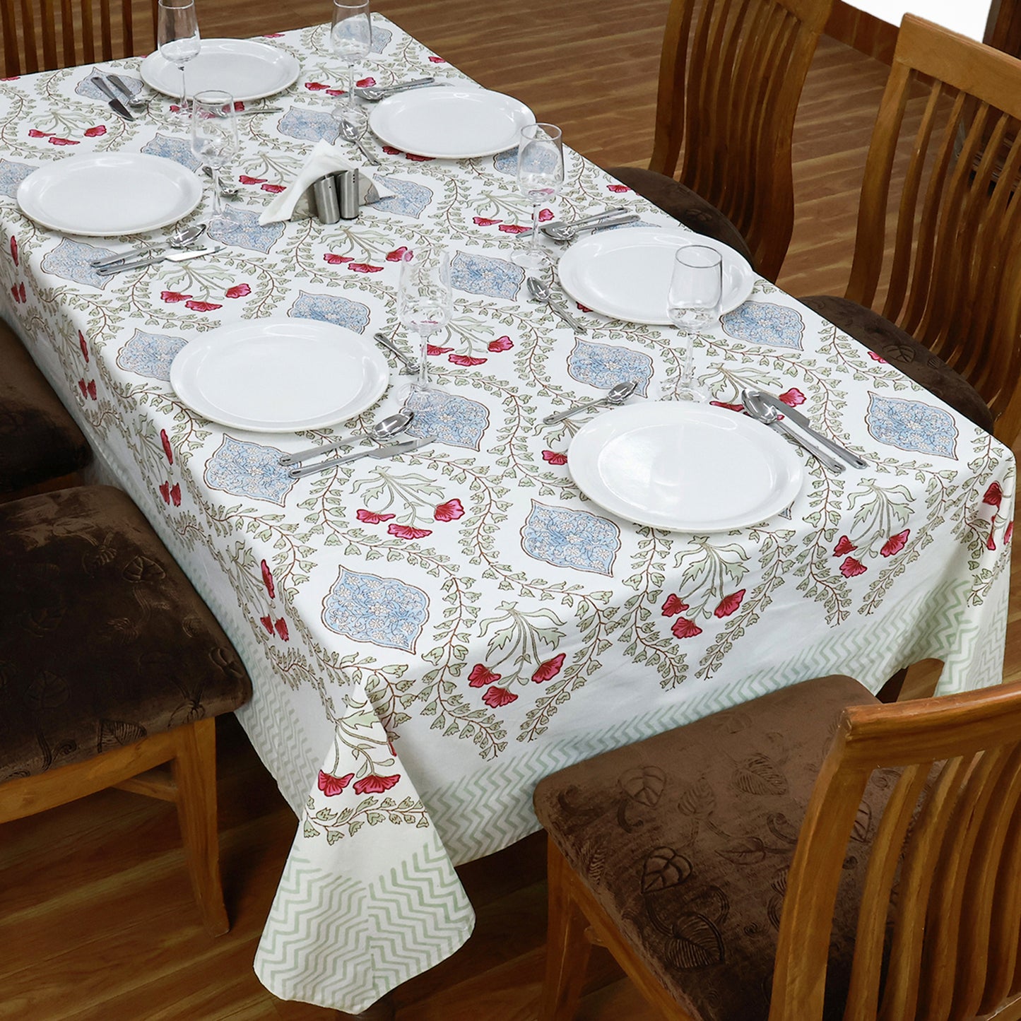 Natural Hand Block Printed White Red Tablecloth For Dinning Decor - My Store
