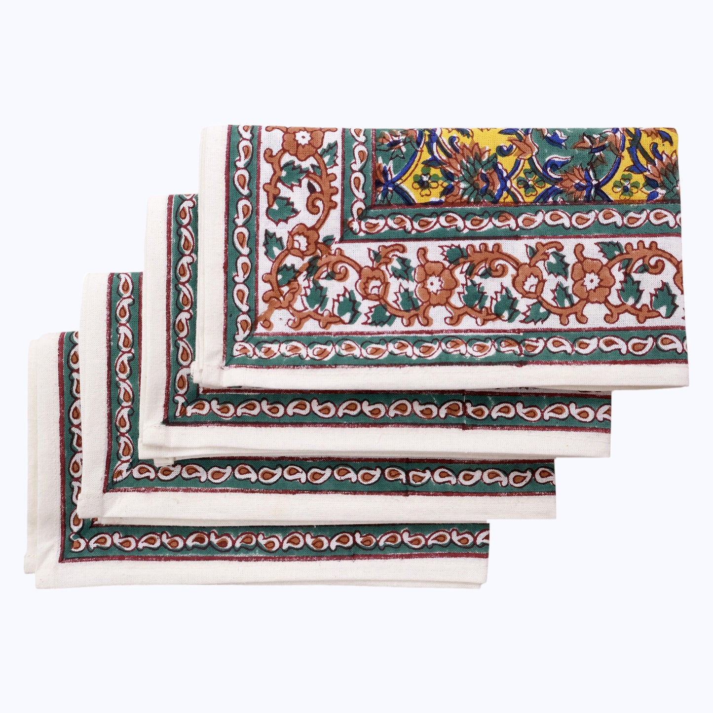 Green & Yellow Handmade Block Printed Cotton Napkins Set Of 4 Pieces - My Store