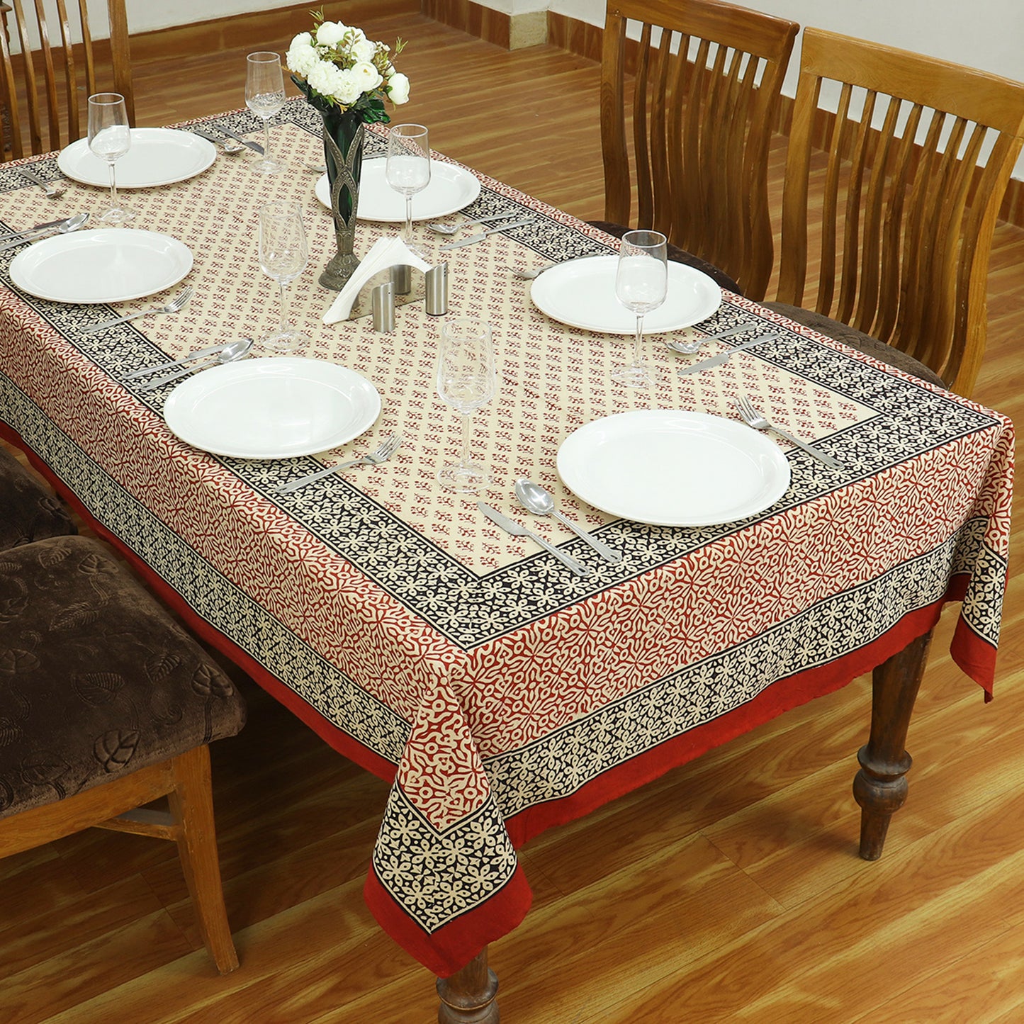 Indian Handmade Block Printed Cotton Red and Black Rectangle Tablecloth - My Store