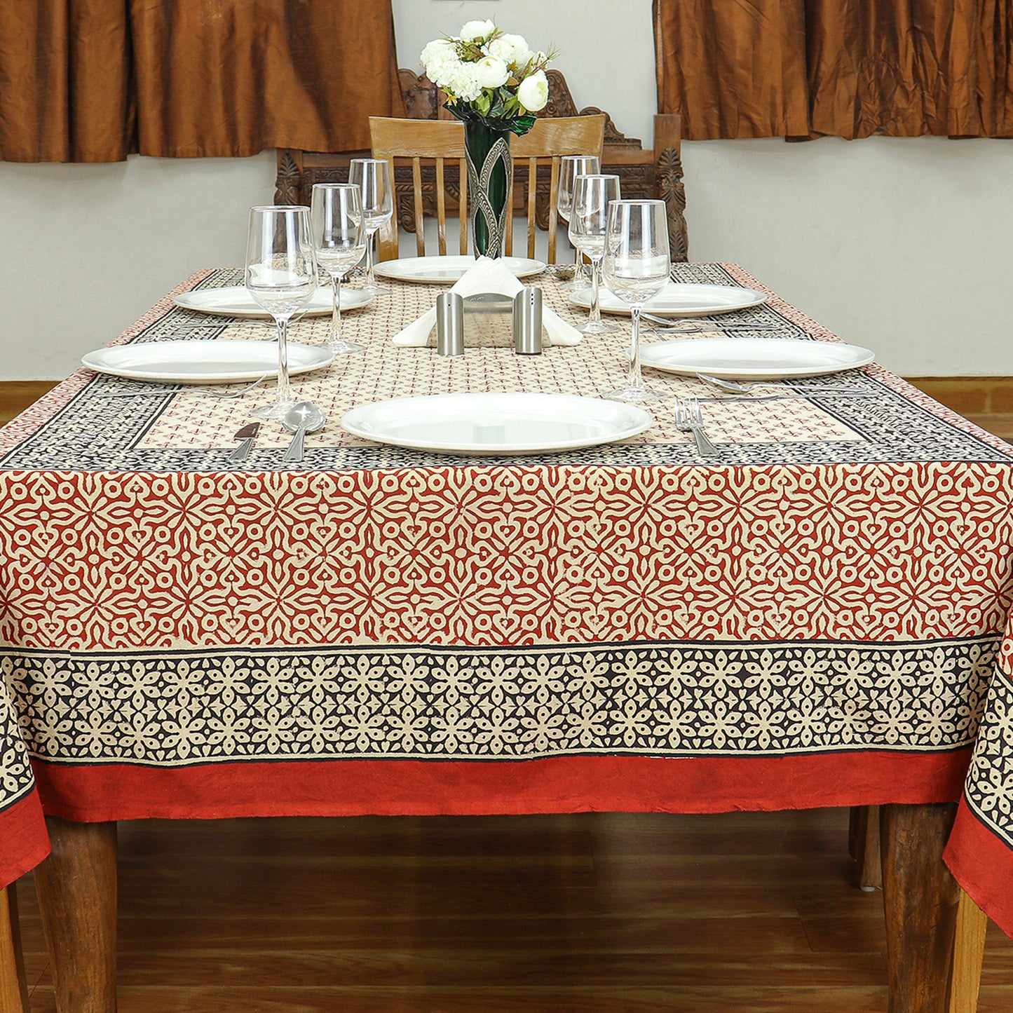 Indian Handmade Block Printed Cotton Red and Black Rectangle Tablecloth - My Store