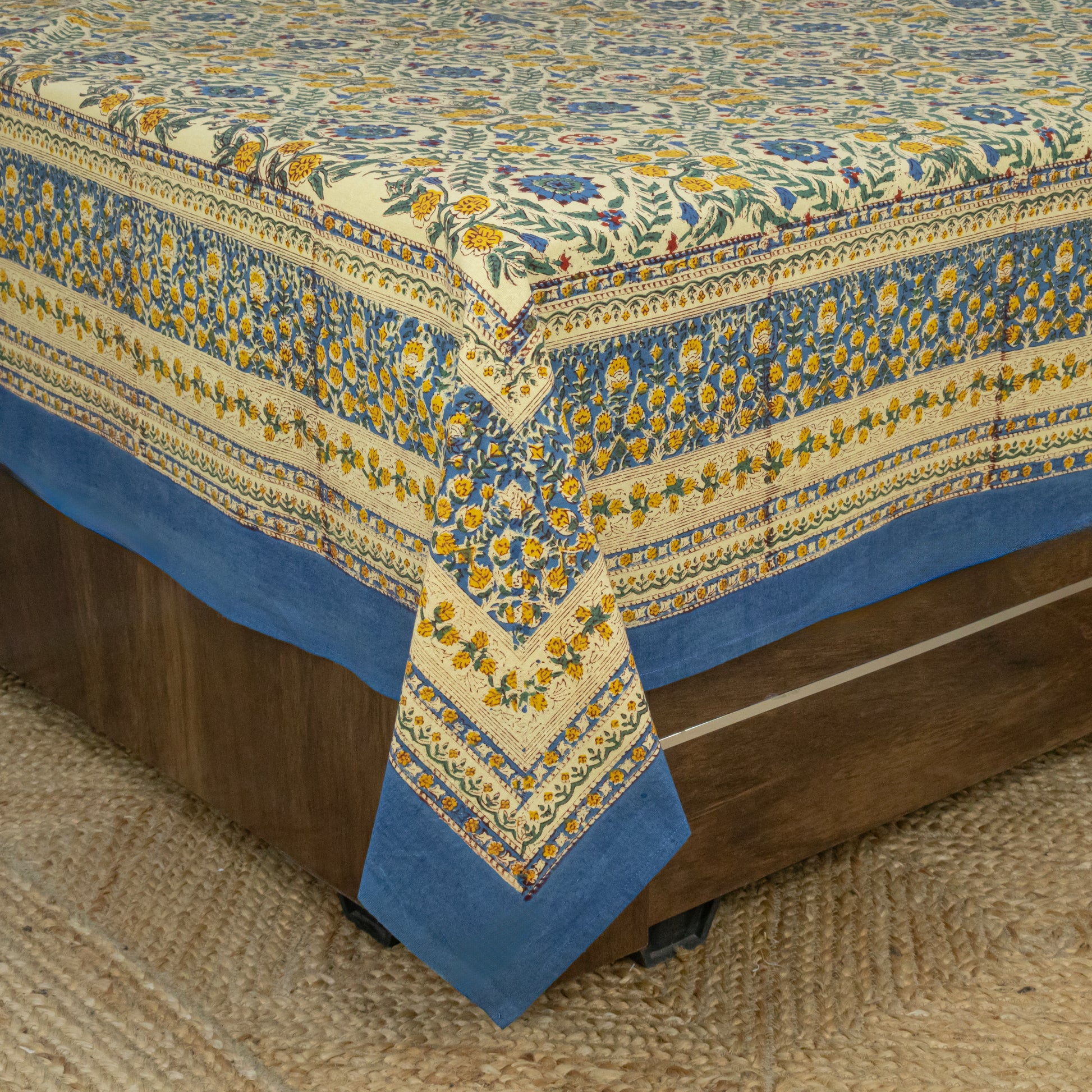 Cotton Bedsheet – Hand Block Floral Print – Yellow & Blue – King, Queen, Twin Sizes - My Store