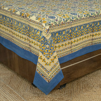 Cotton Bedsheet – Hand Block Floral Print – Yellow & Blue – King, Queen, Twin Sizes - My Store