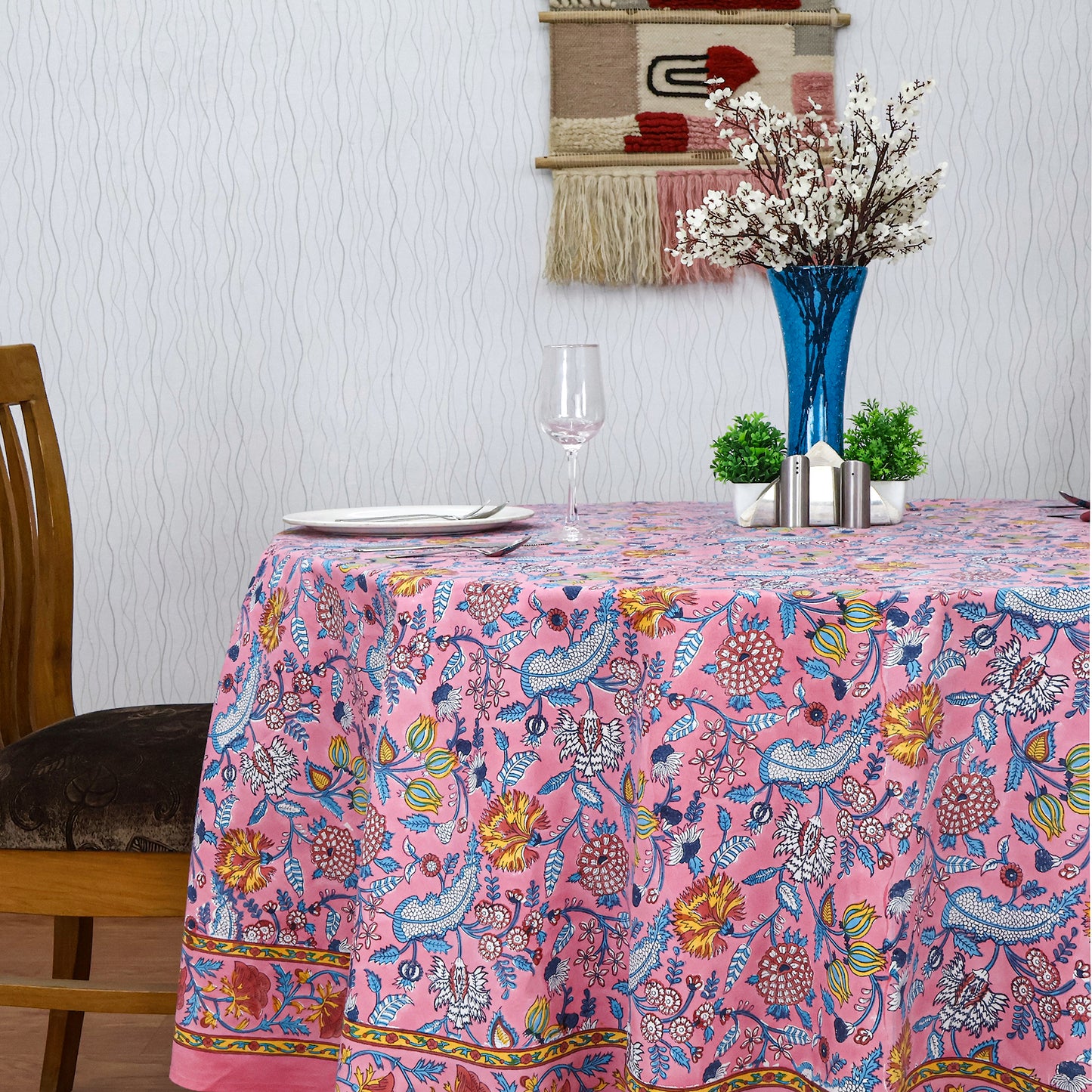 Pink and Blue Handmade Block Printed Round Tablecloth - My Store