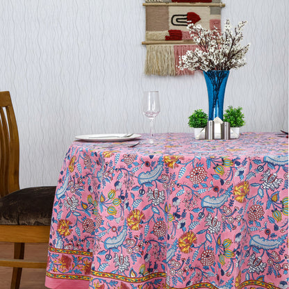 Pink and Blue Handmade Block Printed Round Tablecloth - My Store
