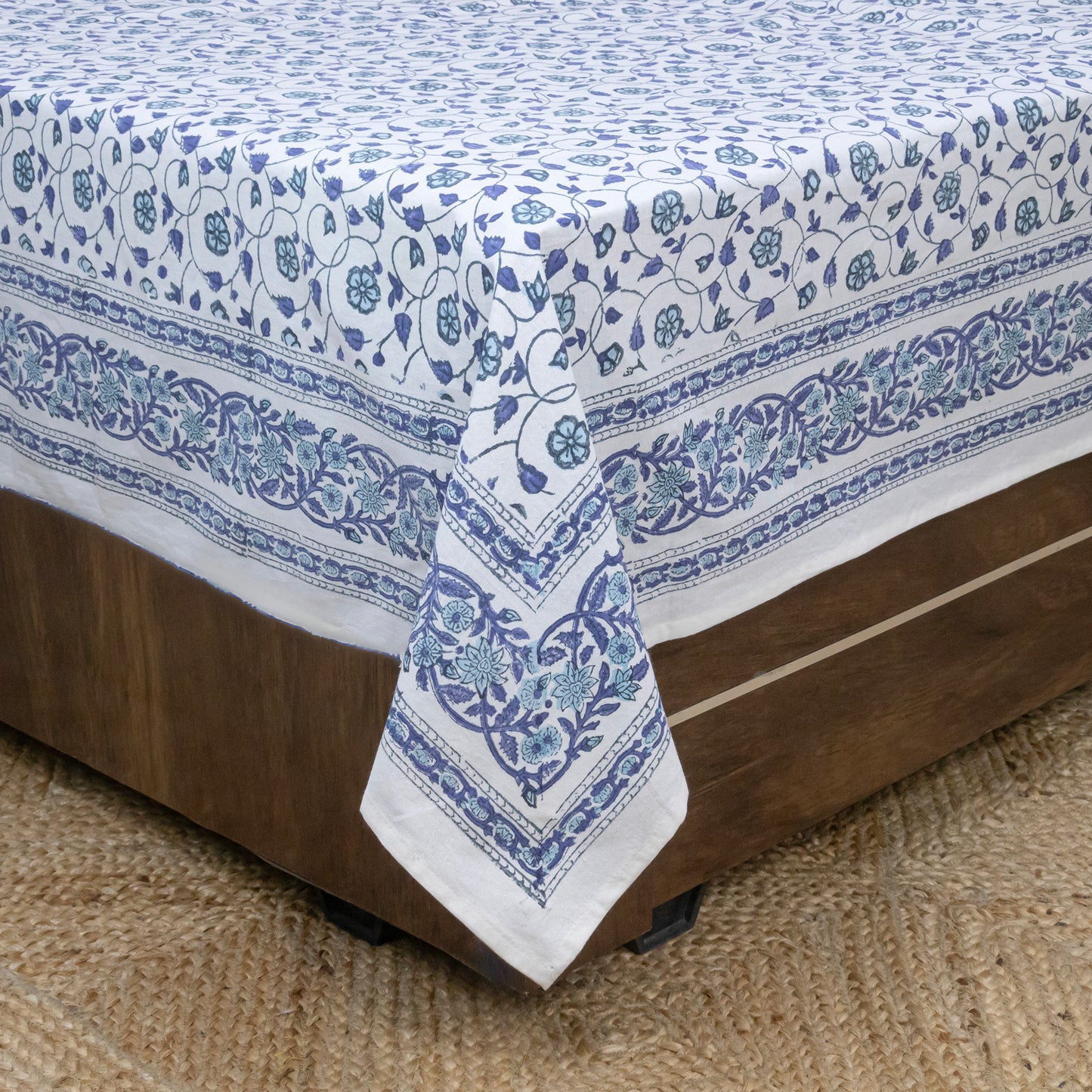 Cotton Bedsheet – Hand Block Floral Print – Blue & White – King, Queen, Twin Sizes - My Store