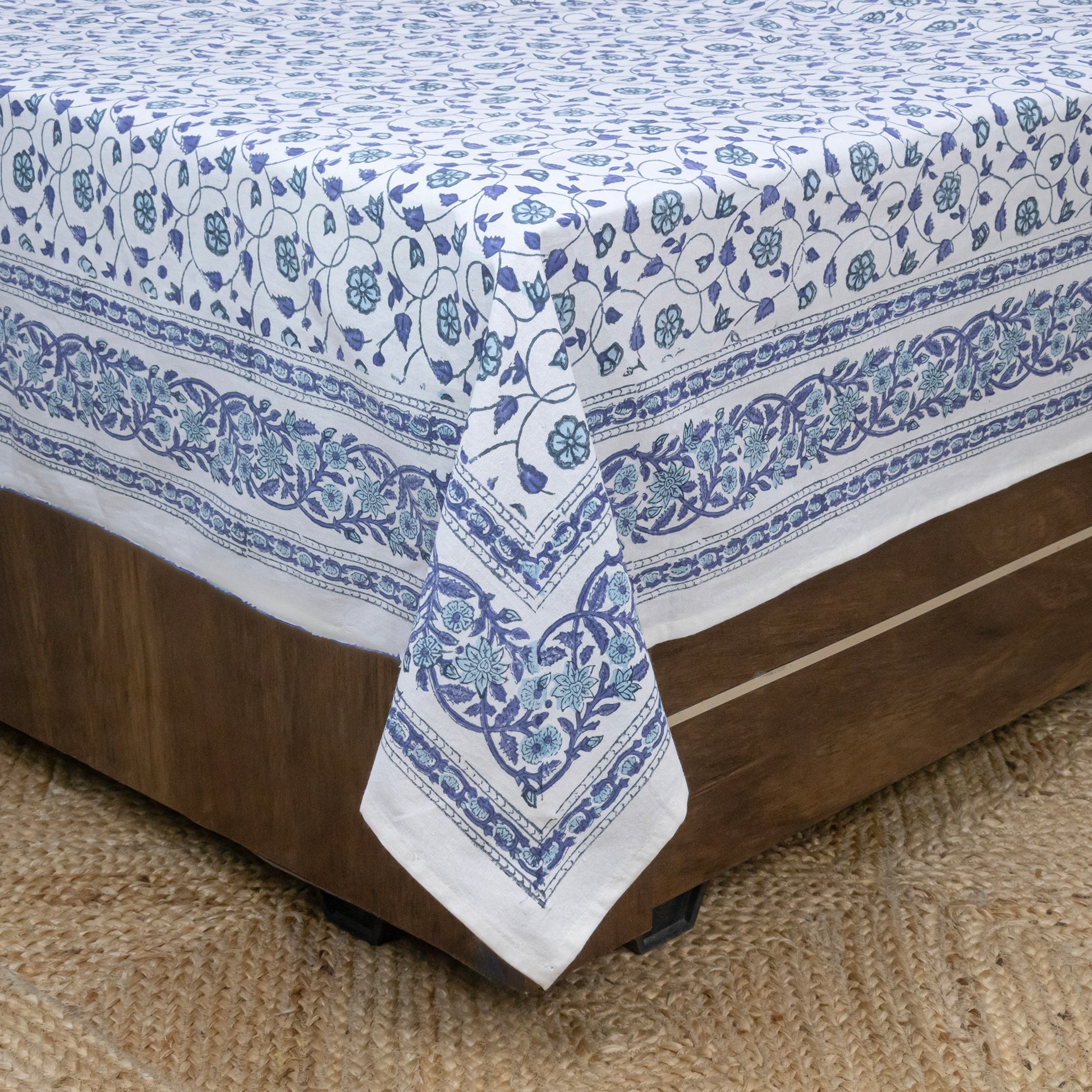 Cotton Bedsheet – Hand Block Floral Print – Blue & White – King, Queen, Twin Sizes - My Store