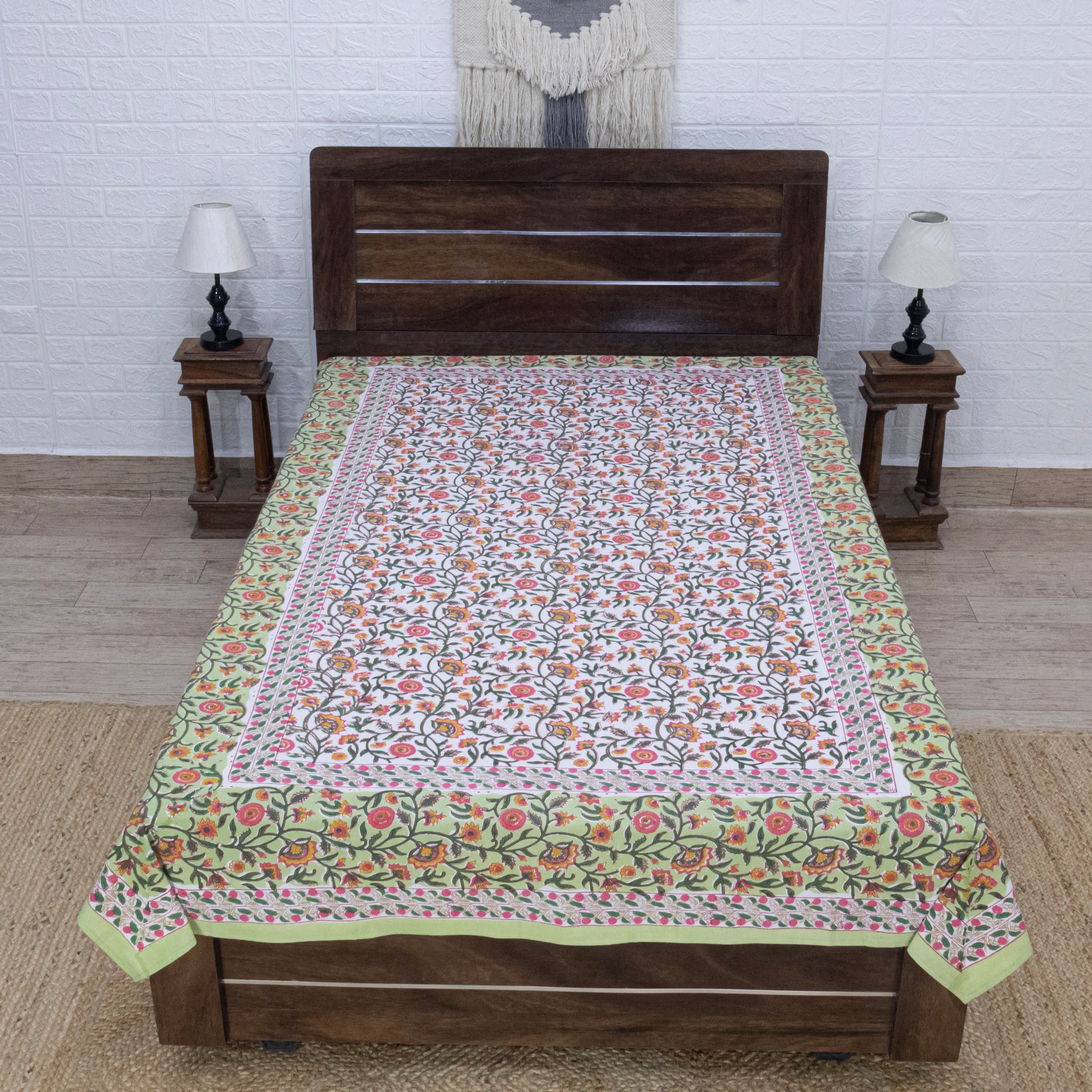 Cotton Bedsheet – Hand Block Floral Print – Green and Multicolor – King, Queen, Twin Sizes - My Store