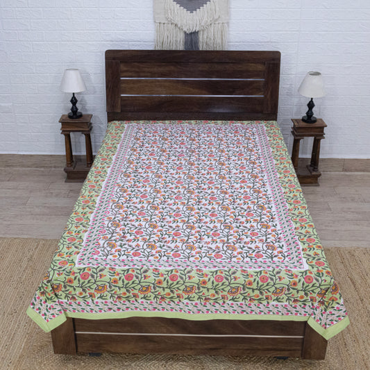 Cotton Bedsheet – Hand Block Floral Print – Green and Multicolor – King, Queen, Twin Sizes - My Store