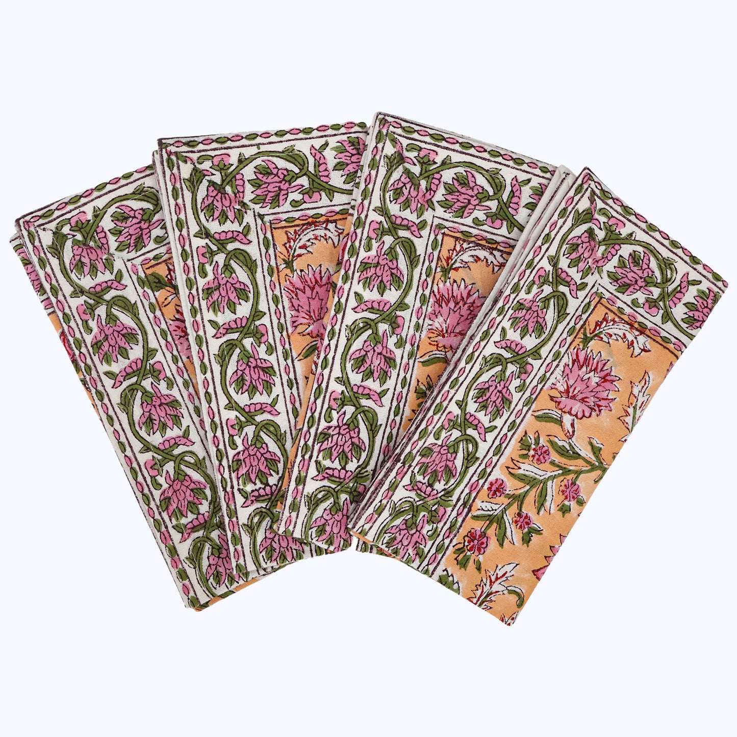 Orange and Pink Hand Block Printed Cotton Napkins Set Of 4 - My Store
