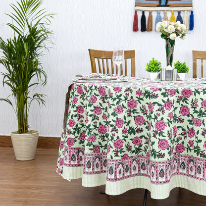 Pink and Green Hand Block Printed Round Tablecloth - My Store