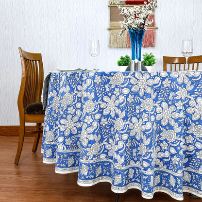 Cerulean Blue Base and White Floral Hand Block Printed Cotton - My Store