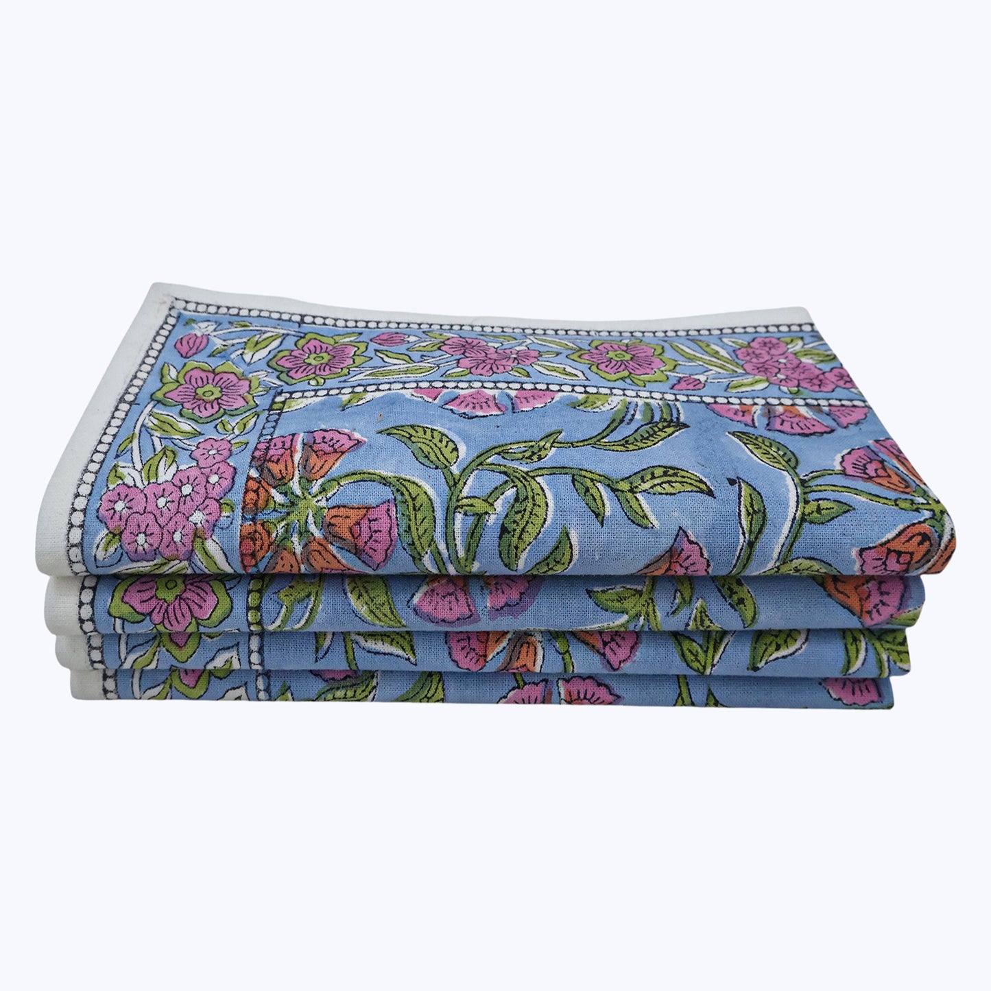 Pink With Green Handmade Block Printed Cotton Napkins Set Of 4 - My Store