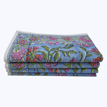 Pink With Green Handmade Block Printed Cotton Napkins Set Of 4 - My Store