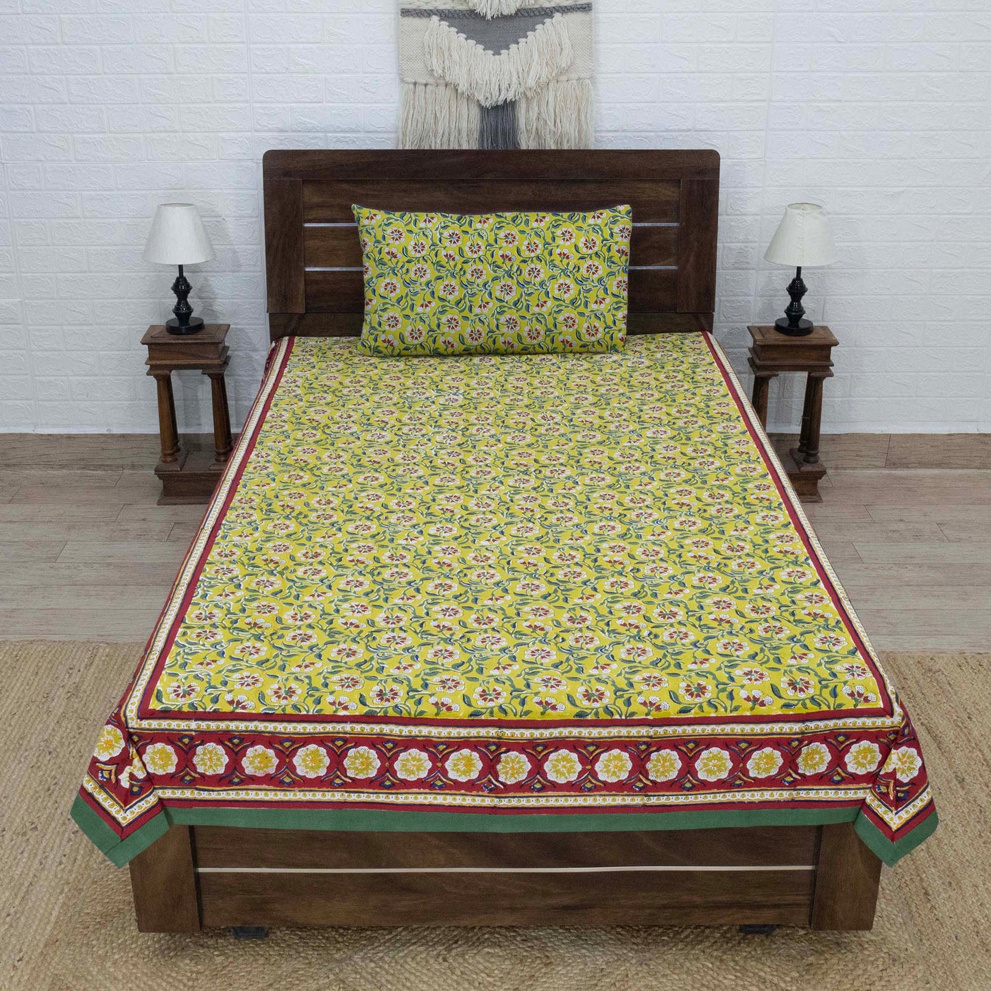 Cotton Bedsheet – Hand Block Floral Print – Yellow & Green – King, Queen, Twin Sizes - My Store