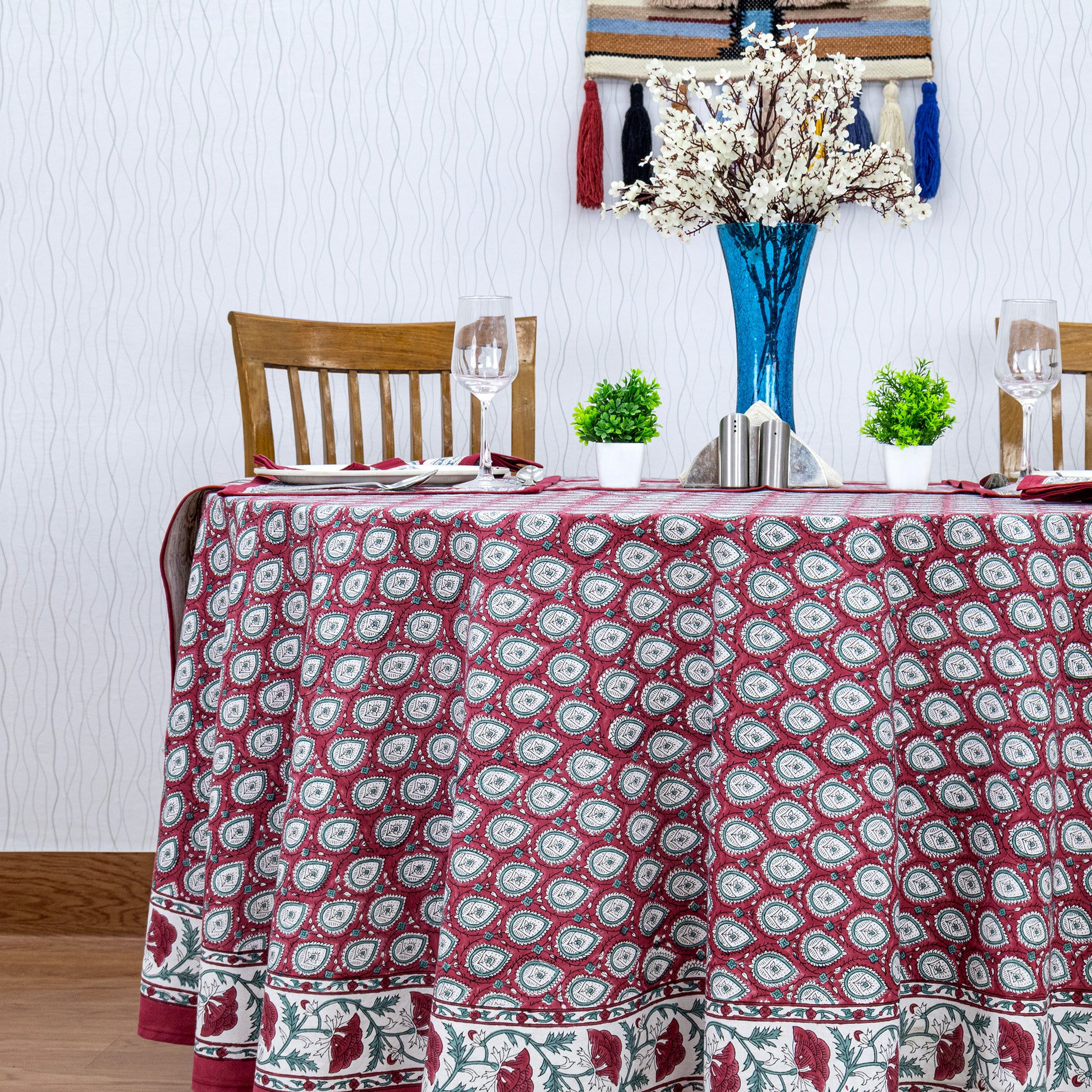 Red and White Cotton Hand Block Printed Round Tablecloth - My Store