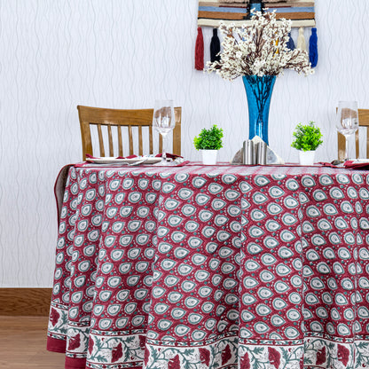 Red and White Cotton Hand Block Printed Round Tablecloth - My Store