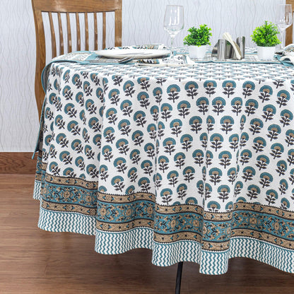 Teal Blue and White Floral Table Cloth, Block Printed Table Cover - My Store