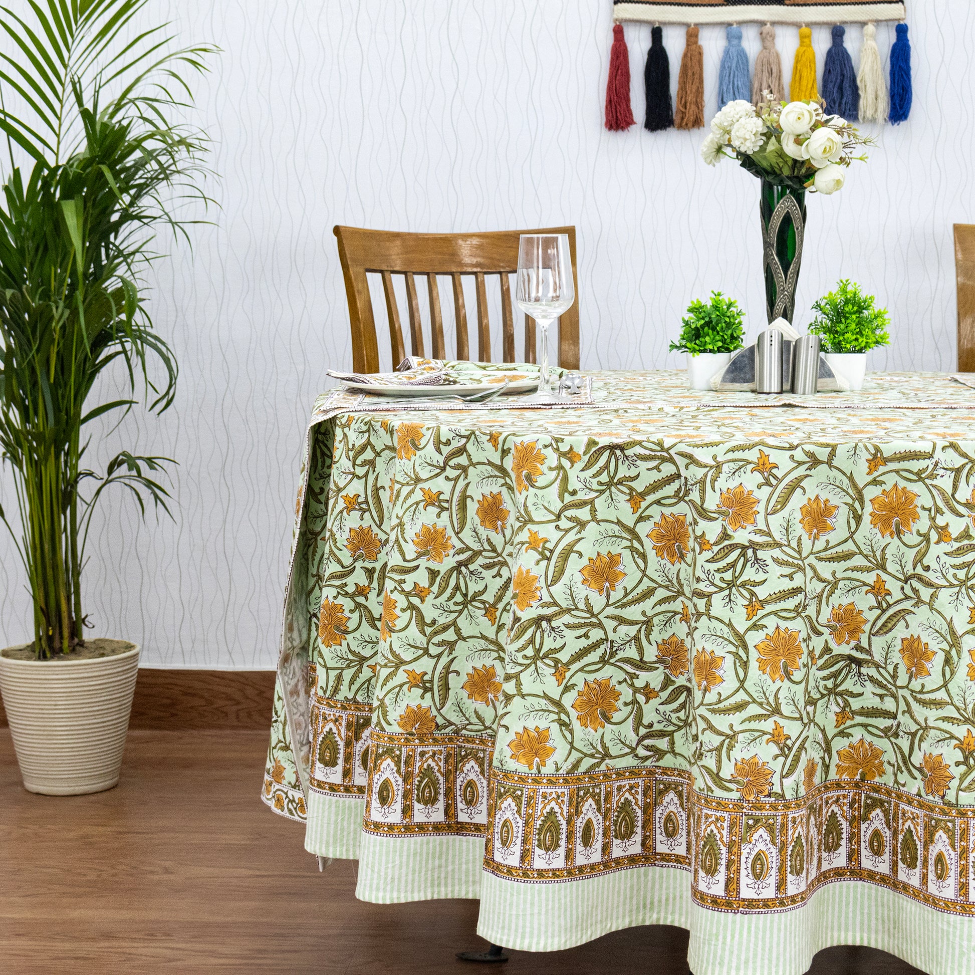 Green and Orange Hand Block Printed Cotton Tablecloth - My Store