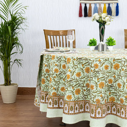 Green and Orange Hand Block Printed Cotton Tablecloth - My Store