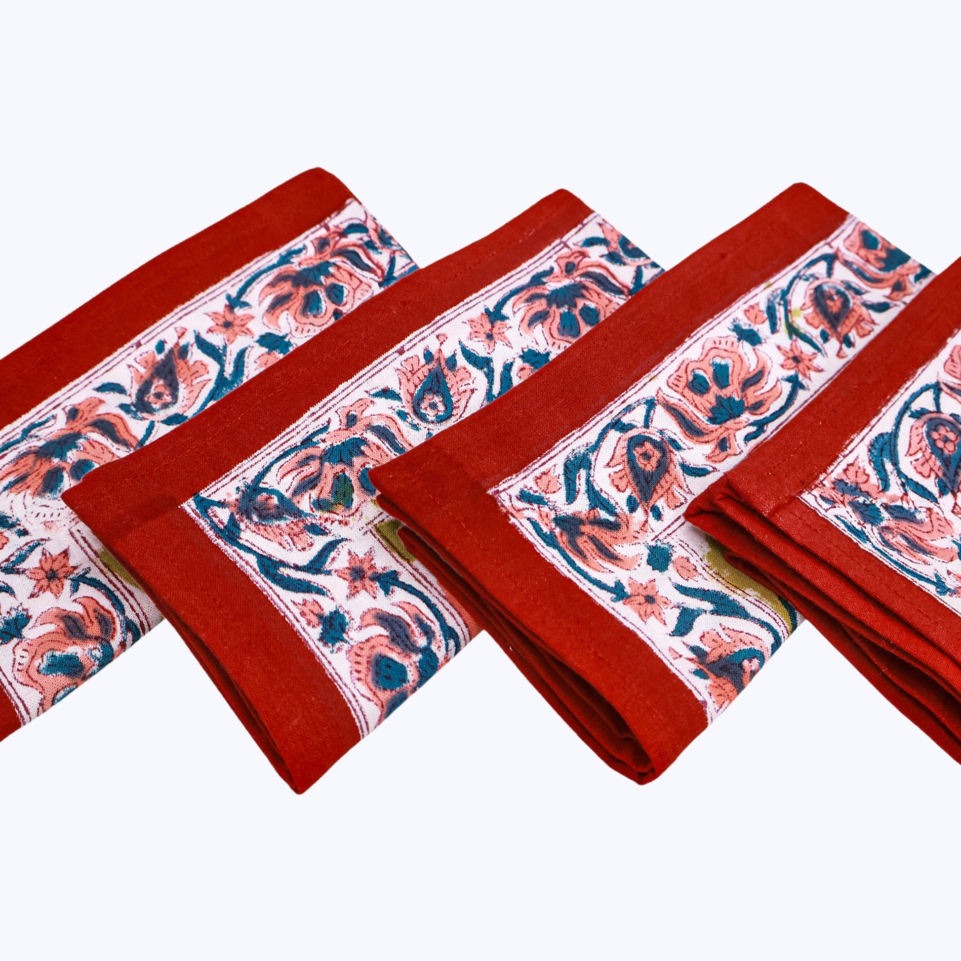 Red and Pink Handmade Block Printed Cotton Napkin Set Of 4 - My Store