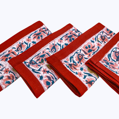 Red and Pink Handmade Block Printed Cotton Napkin Set Of 4 - My Store