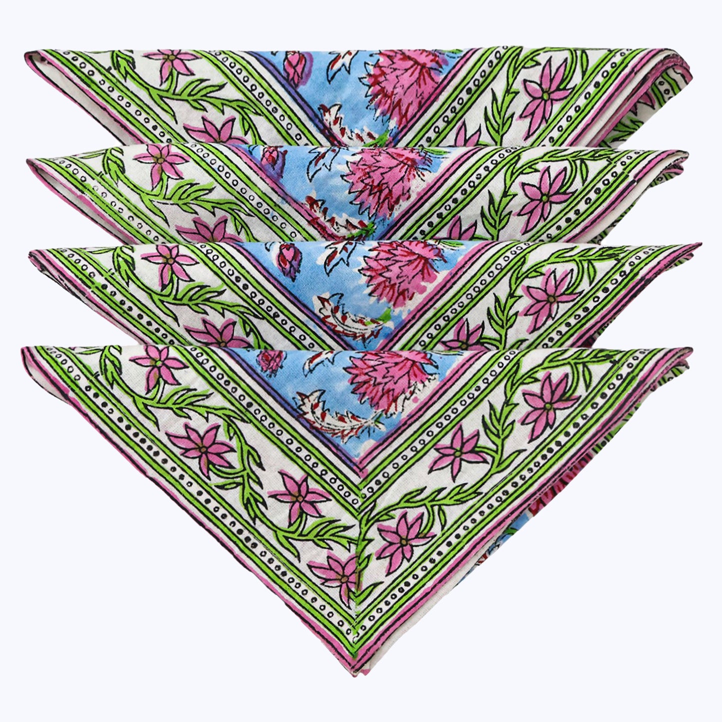 Blue and Pink Hand Block Printed Cotton Napkins Set Of 4 - My Store