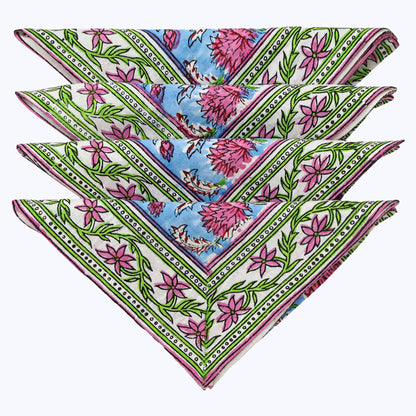 Blue and Pink Hand Block Printed Cotton Napkins Set Of 4 - My Store