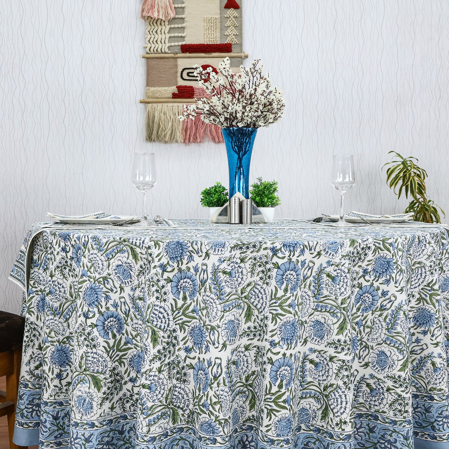 Blue and White Floral Table Cloth - Luxury Round Table Cloth - Valentine Table Cover - My Store