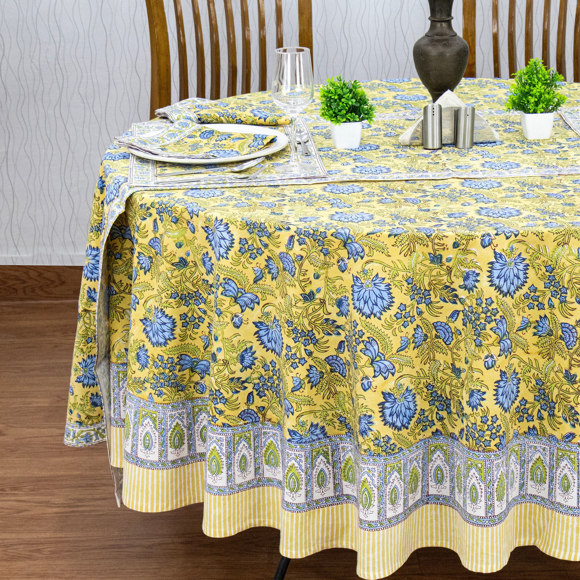 Yellow and Blue Handmade Round Cotton Tablecloth - My Store