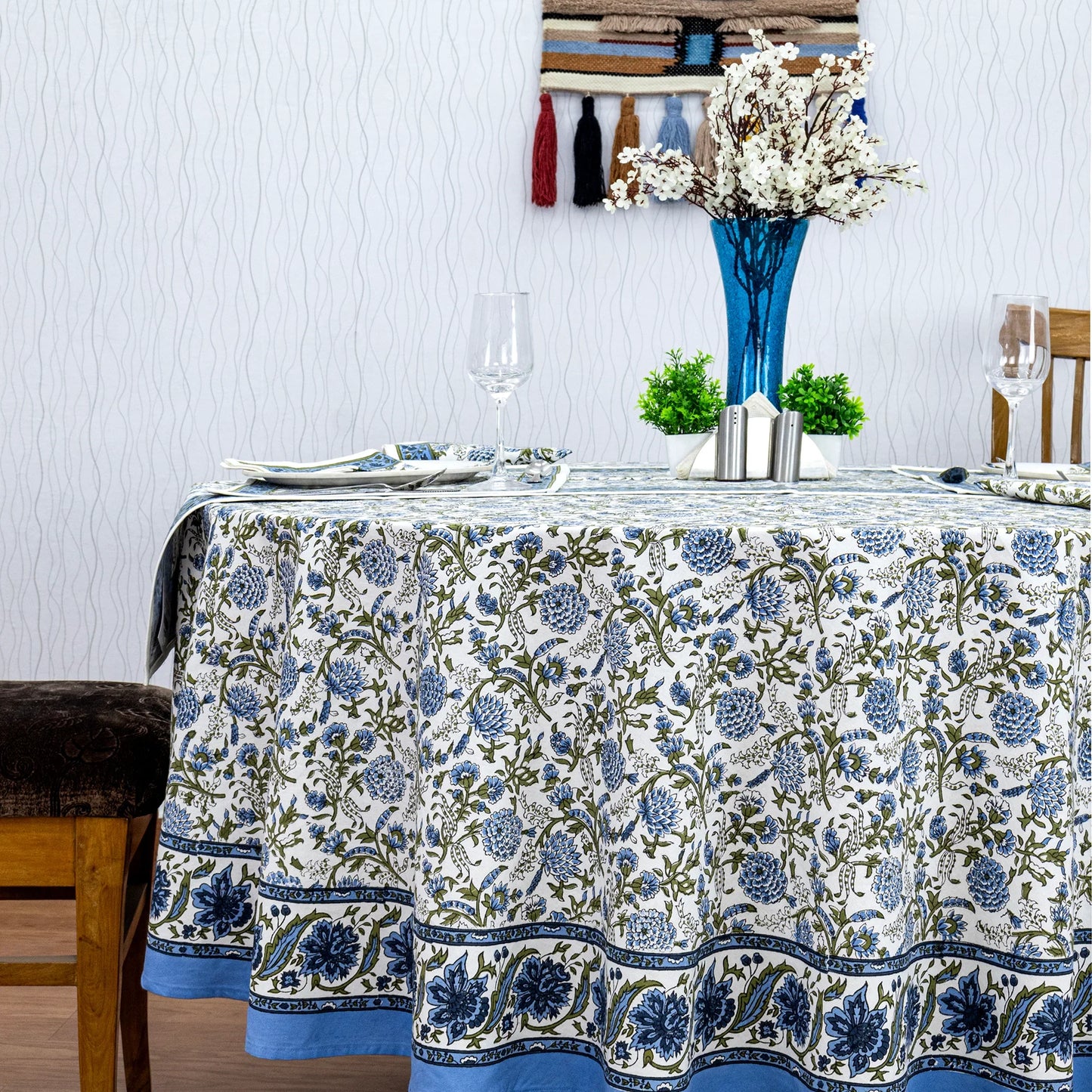 Blue & White Round Tablecloth, Dining Table Decor, Block Printed Mats, Valentine Gifts - My Store