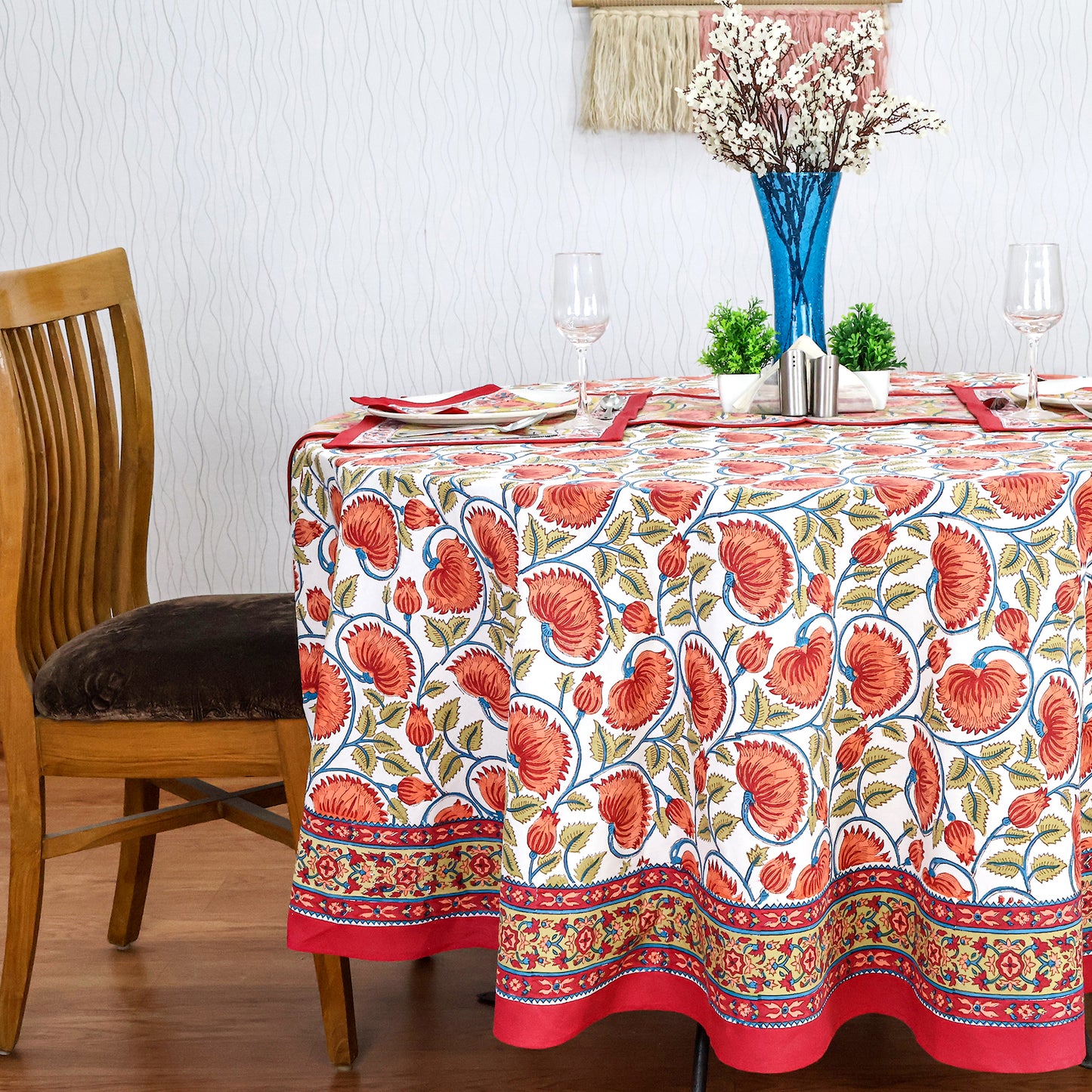 Floral Handmade Block Printed Cotton Round Tablecloth - My Store
