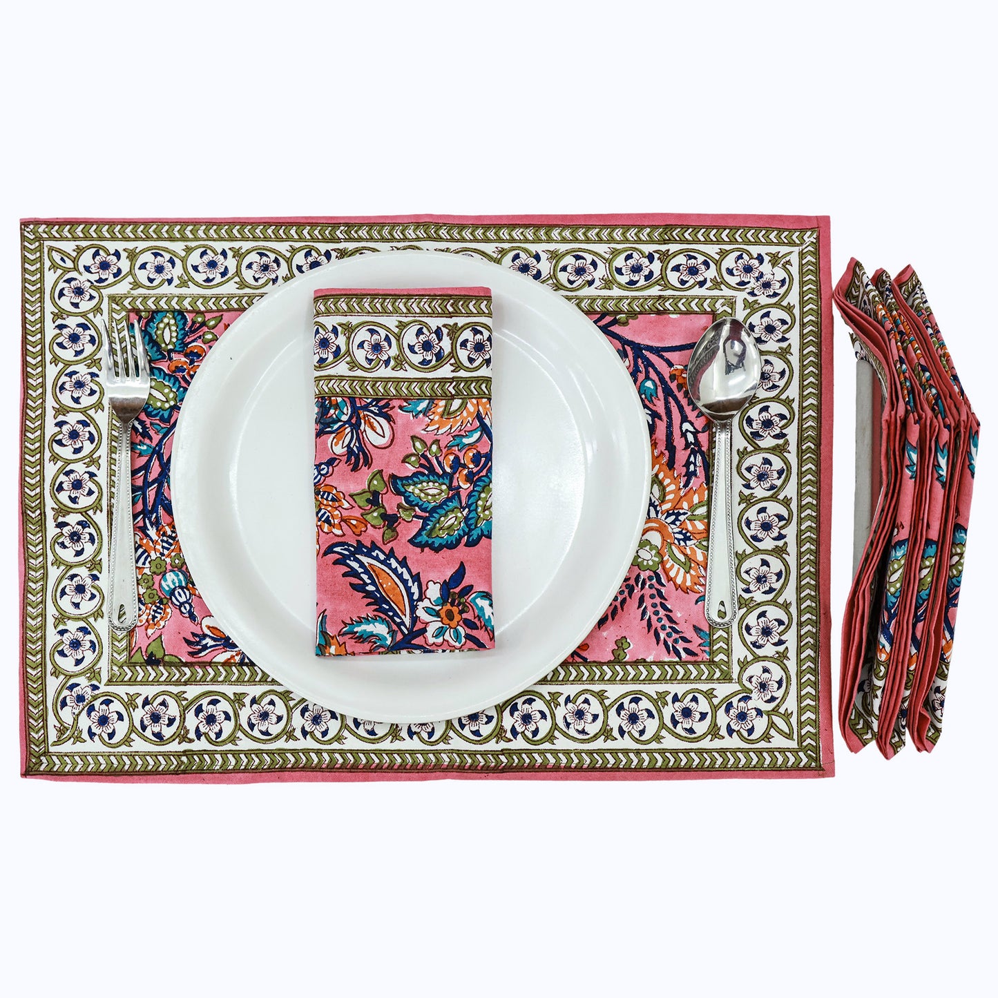 Pink and Blue Hand Block Printed Cotton Napkins Set Of 4 - My Store