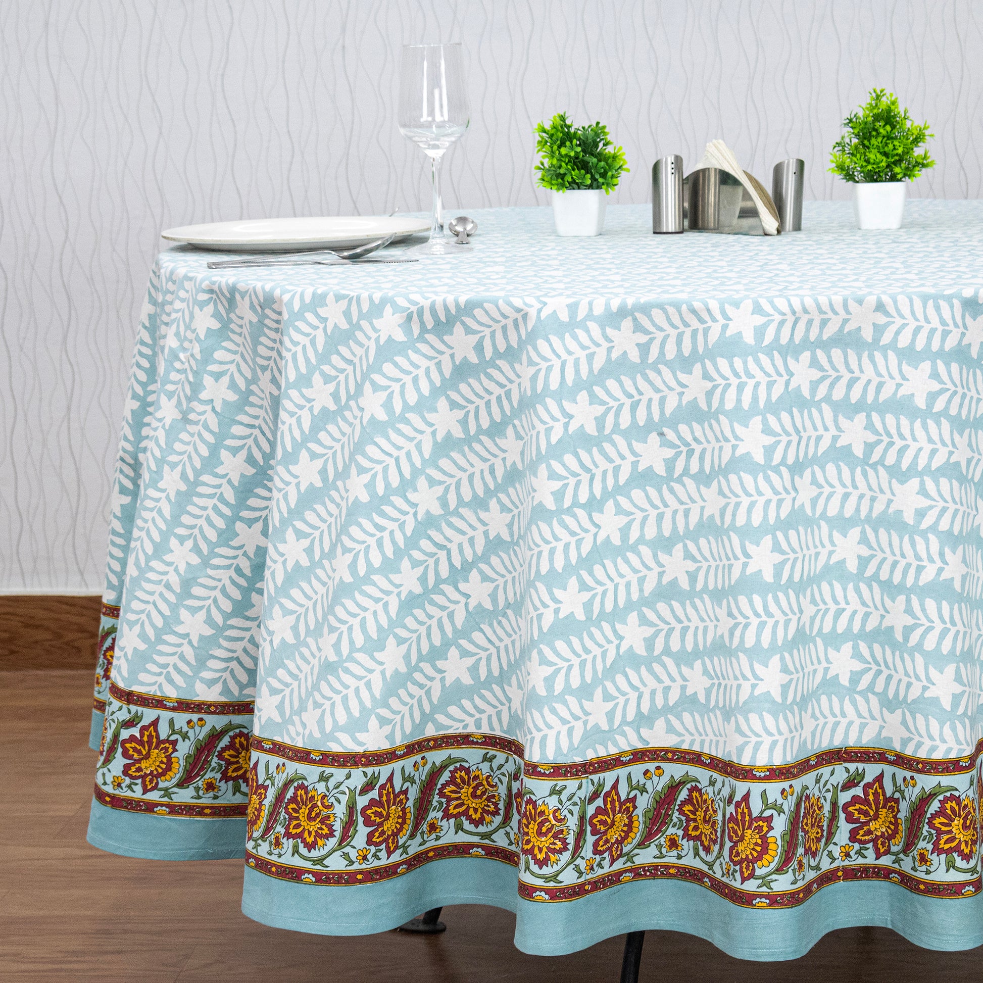 Blue and Green Handmade Block Printed Cotton Tablecloth - My Store
