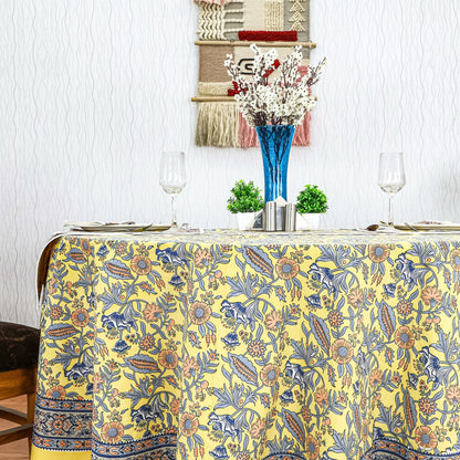 Blue & Yellow Cotton Hand Block Printed Round Tablecloth - My Store