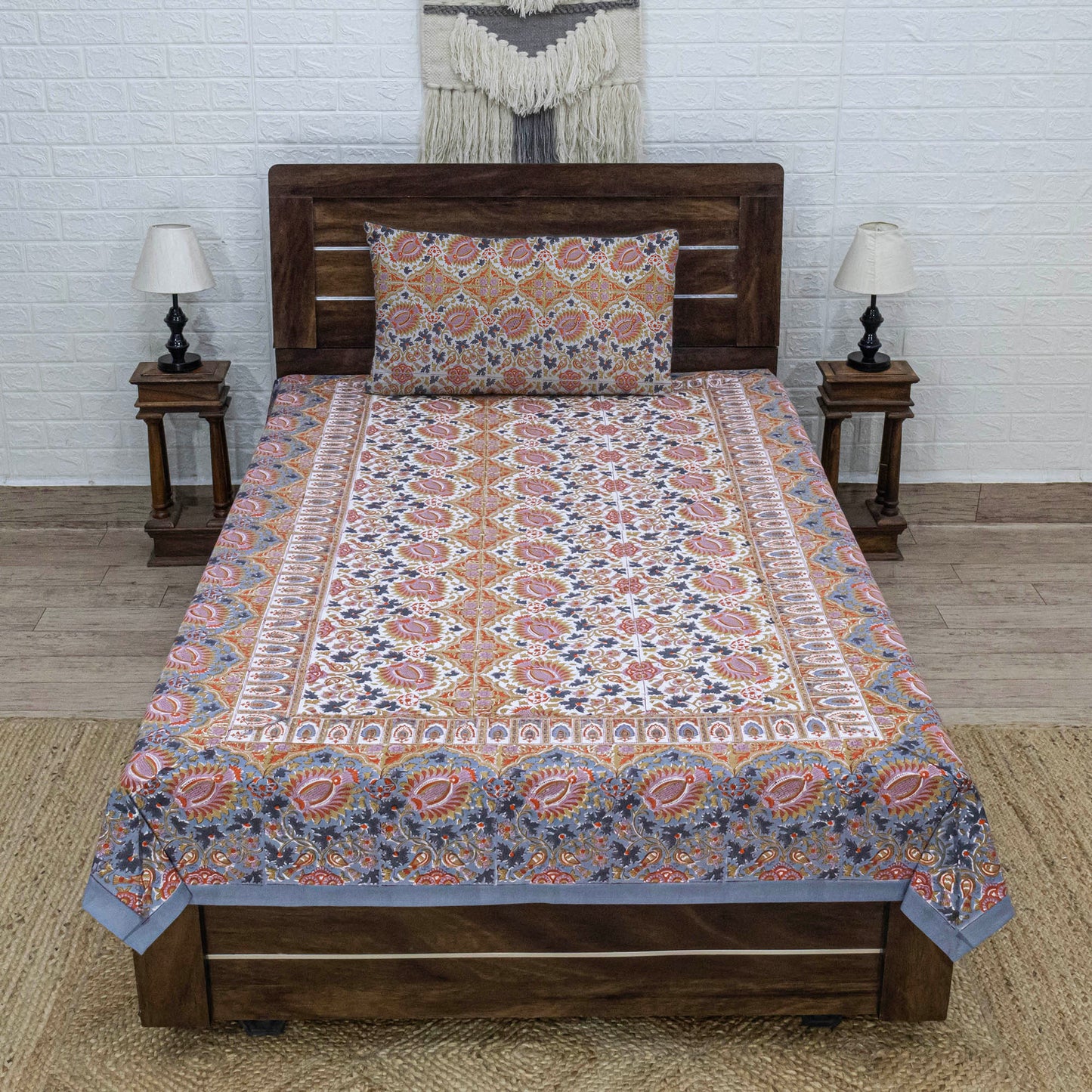 Indian Handmade Block Printed Orange and Multicolor Floral Pattern Cotton Bed sheet For living Room, Kids Room - My Store