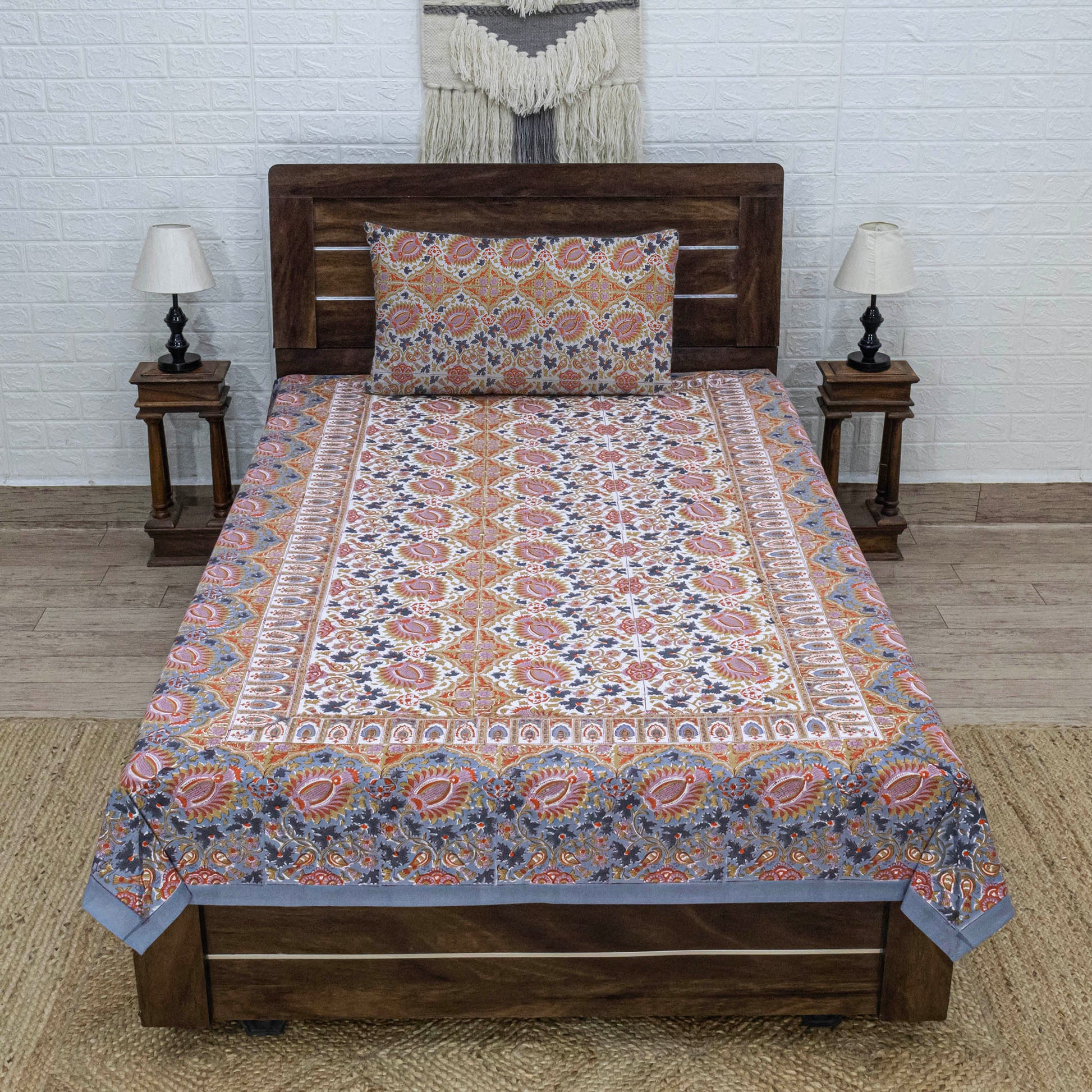 Indian Handmade Block Printed Orange and Multicolor Floral Pattern Cotton Bed sheet For living Room, Kids Room - My Store