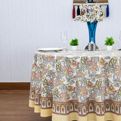 Teal Blue and White Floral Table Cloth, Block Printed Table Cover, Round Table Cloth - My Store