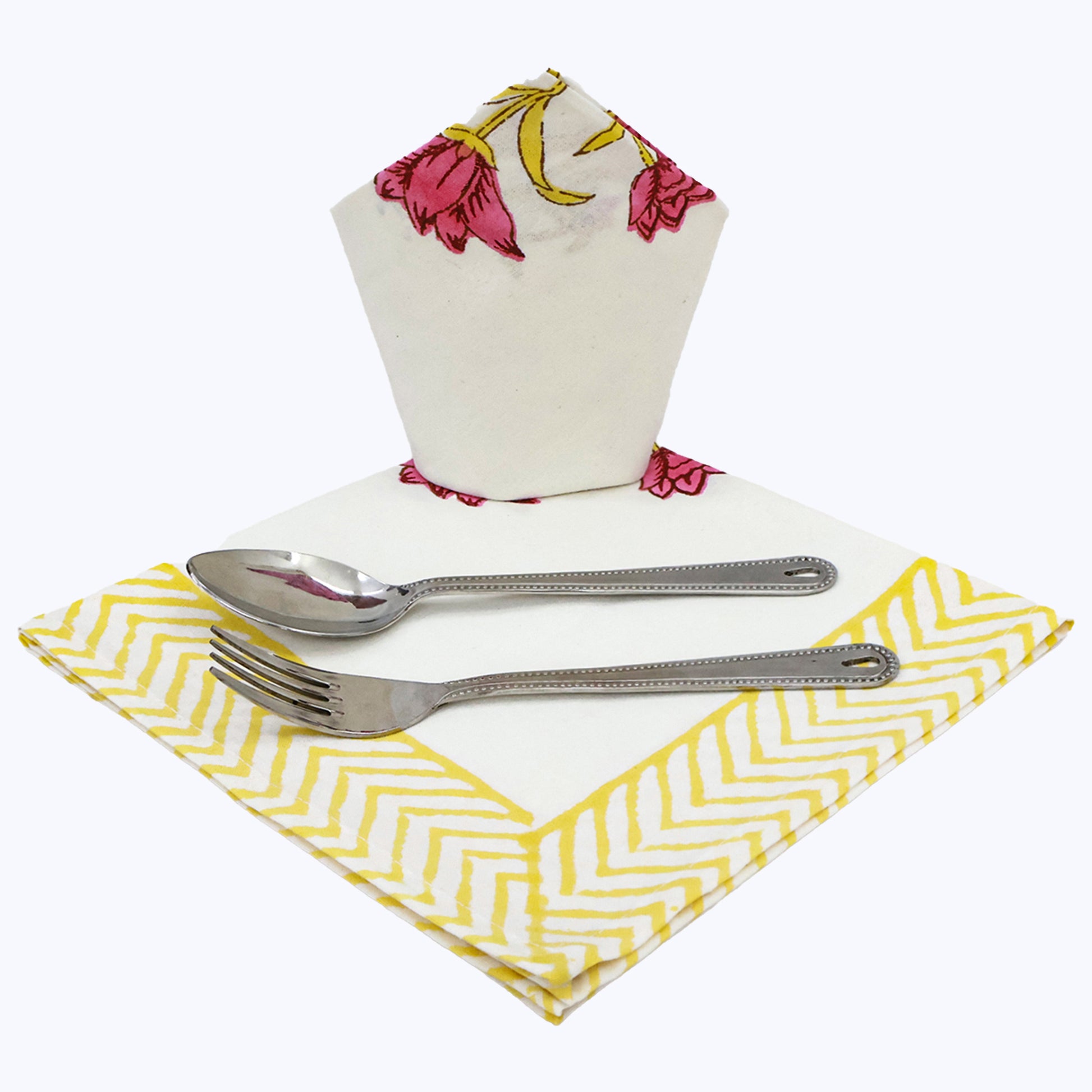 Yellow and Red Hand Block Printed Cotton Napkins Set Of 4 - My Store