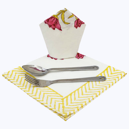 Yellow and Red Hand Block Printed Cotton Napkins Set Of 4 - My Store