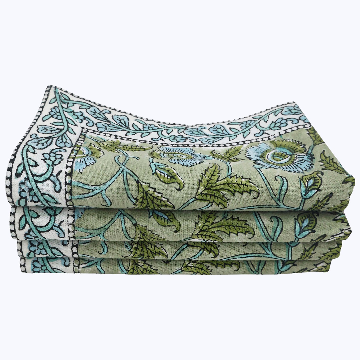 Green With Blue Handmade Block Printed Cotton Napkins Set Of 4 - My Store