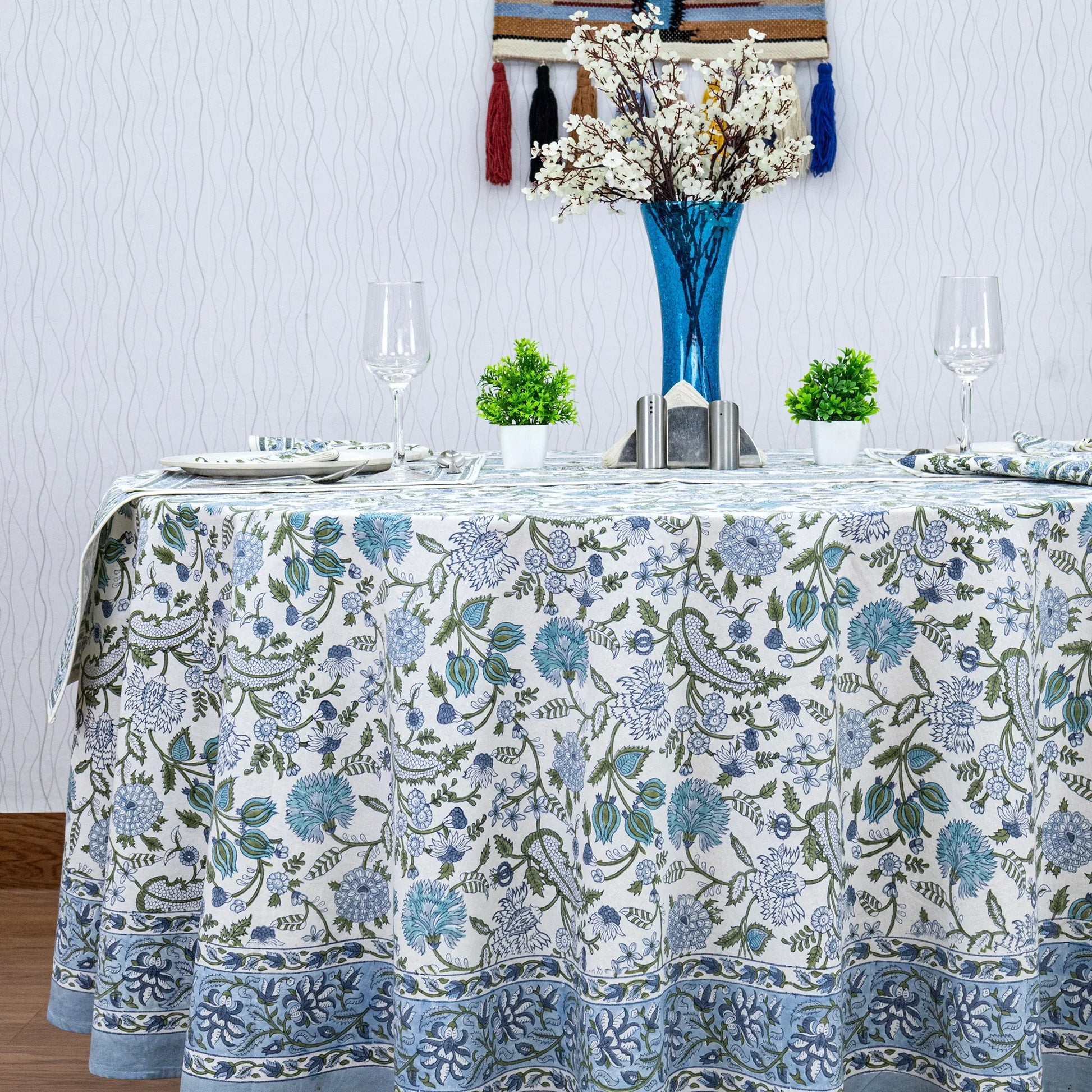 Baby Blue and White Floral Block Printed Round Table Cover - My Store