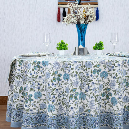 Baby Blue and White Floral Block Printed Round Table Cover - My Store