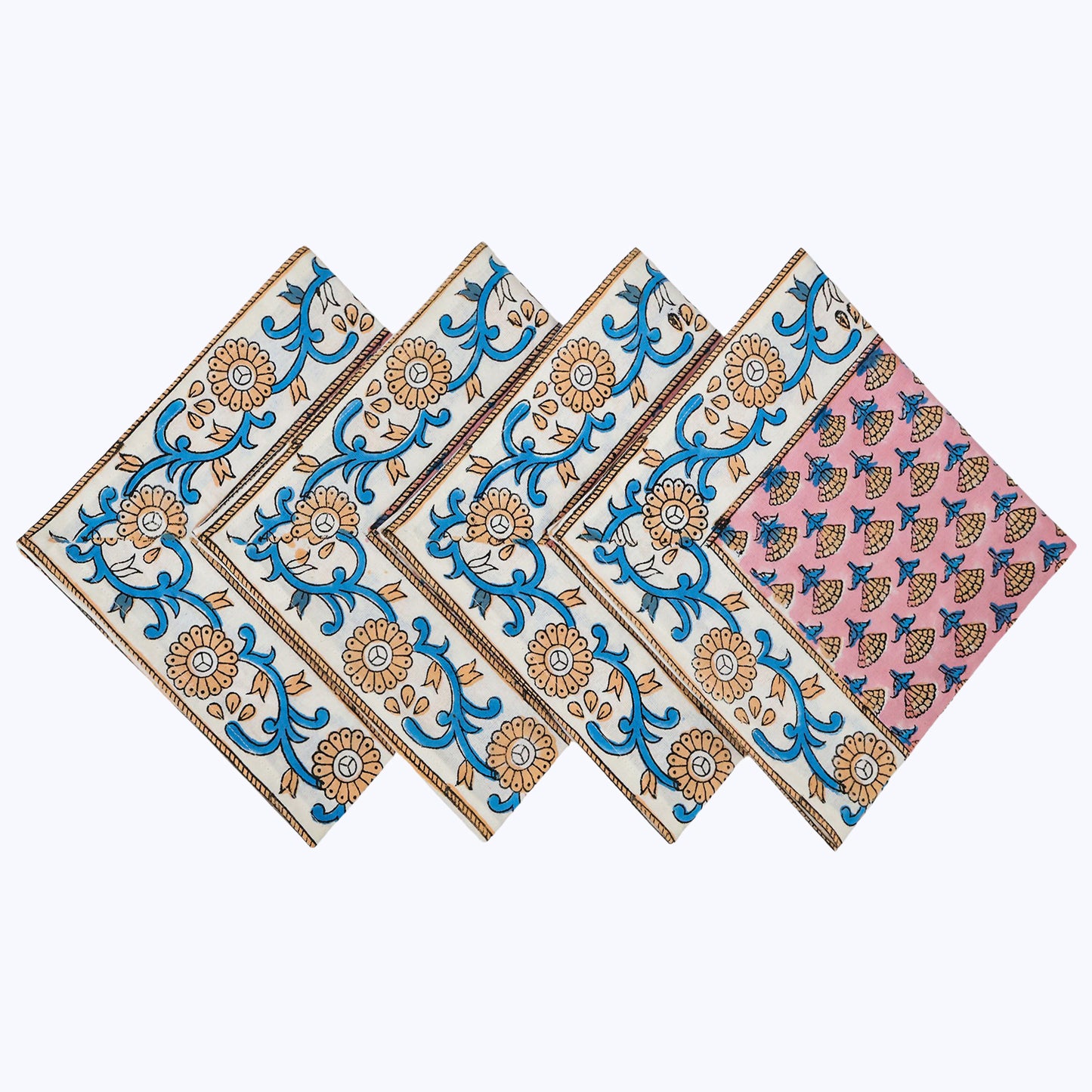 Pink and Blue Hand Block Printed Cotton Napkins Set Of 4 - My Store