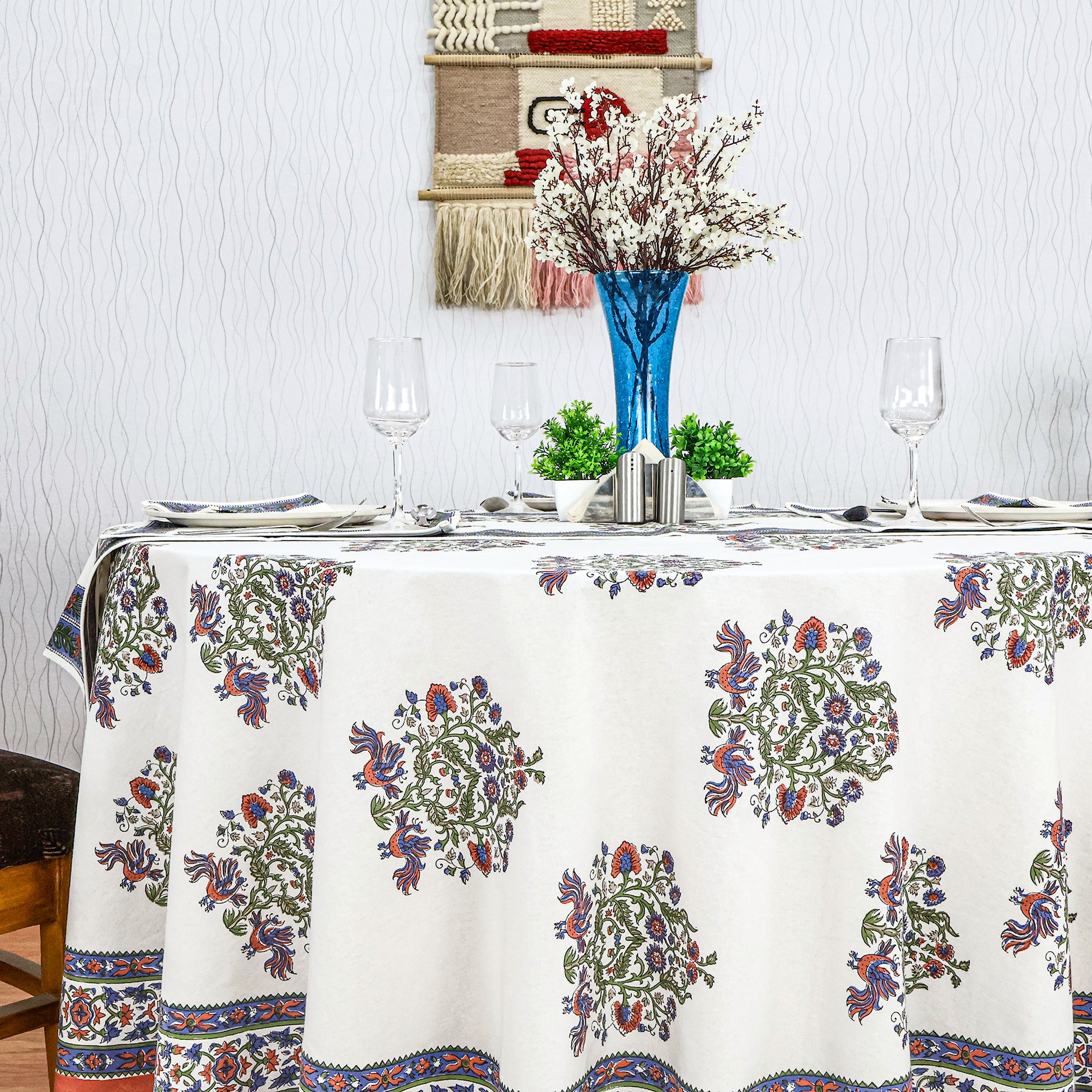 White and Blue Handmade Block Printed Cotton Tablecloth - My Store