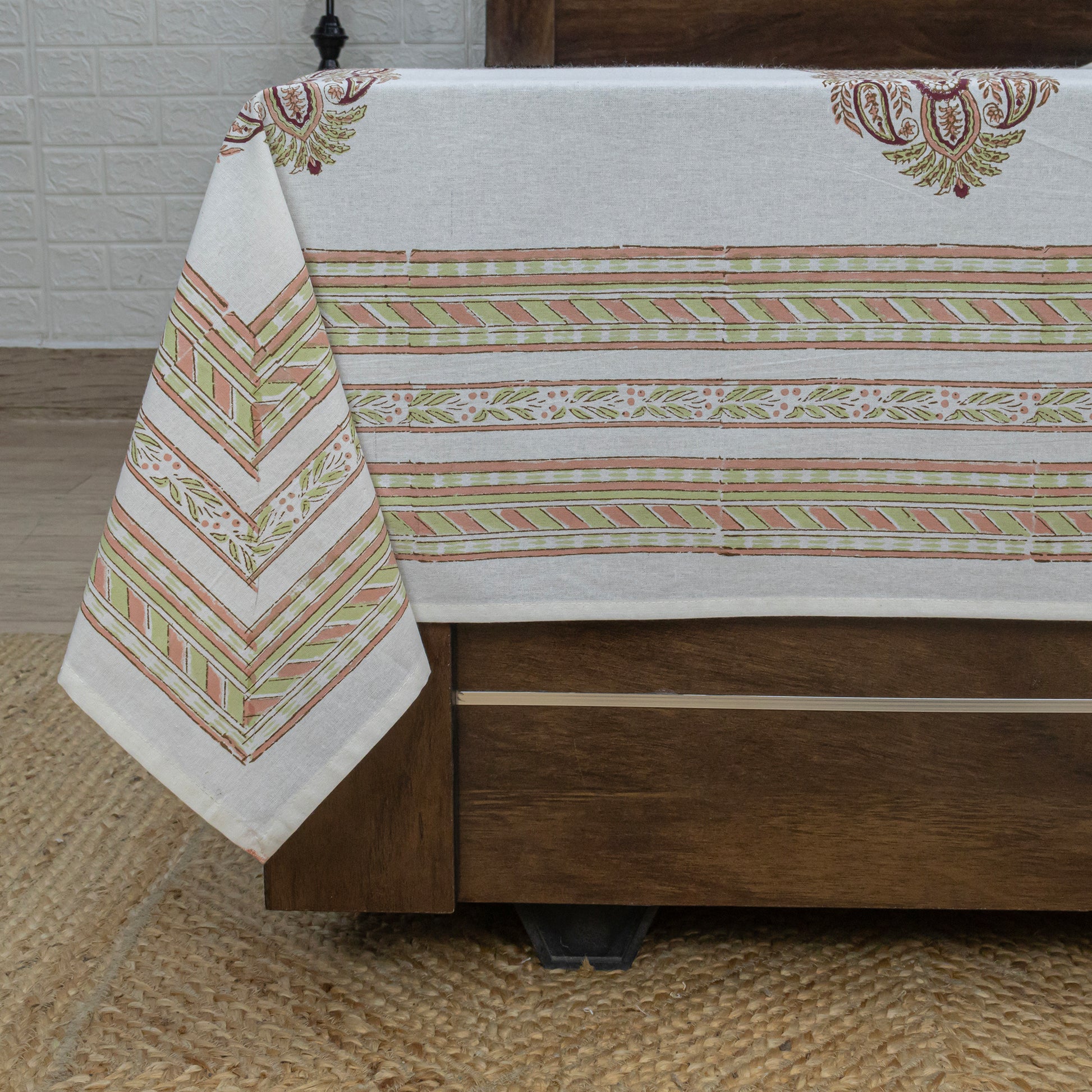 Cotton Bedsheet – Hand Block Floral Print – White & Green – King, Queen, Twin Sizes - My Store