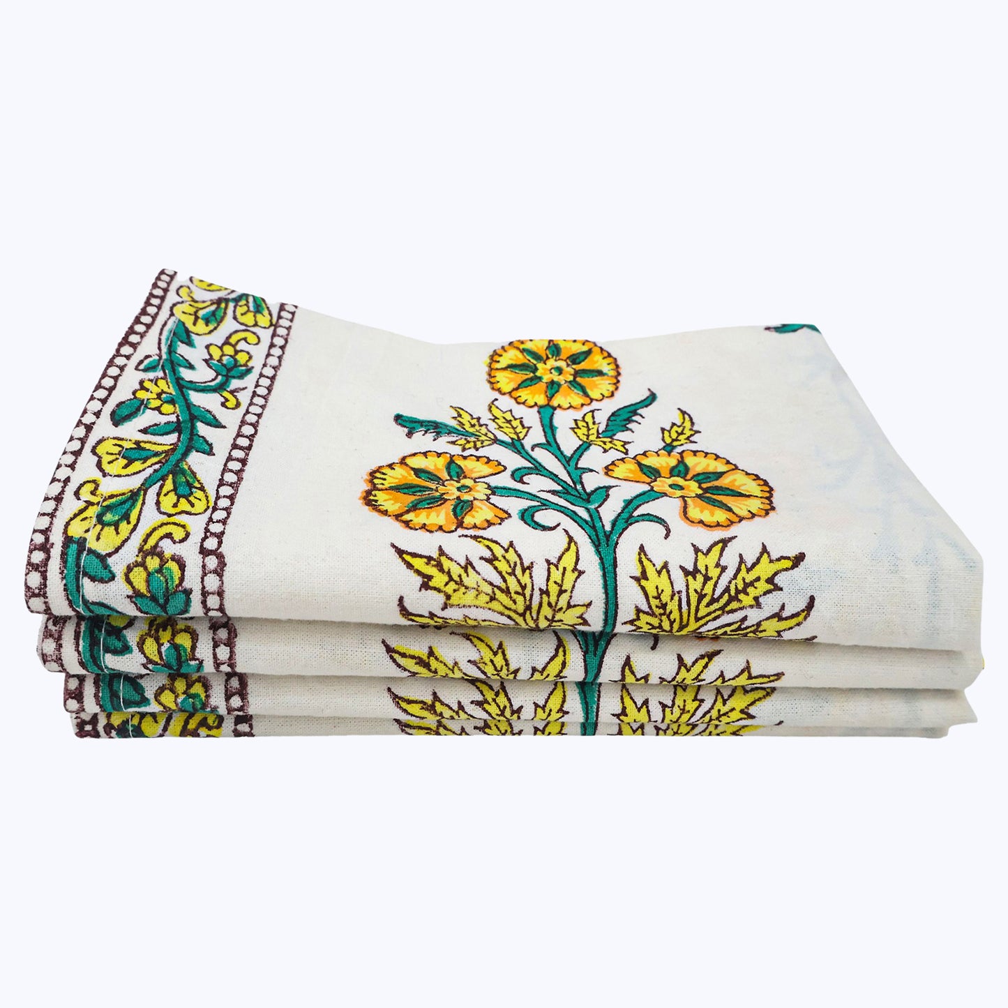 Yellow and White Handmade Block Printed Cotton Napkins Set Of 4 - My Store