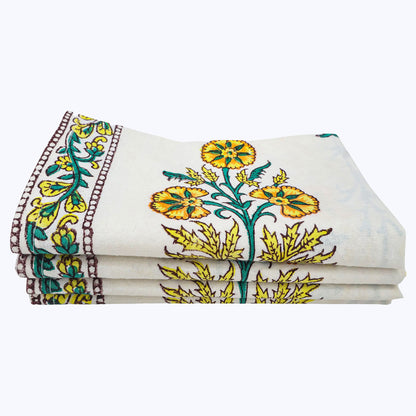 Yellow and White Handmade Block Printed Cotton Napkins Set Of 4 - My Store