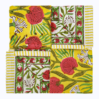 Yellow & Red Hand Block Printed Cotton Napkins Set Of 4 - My Store